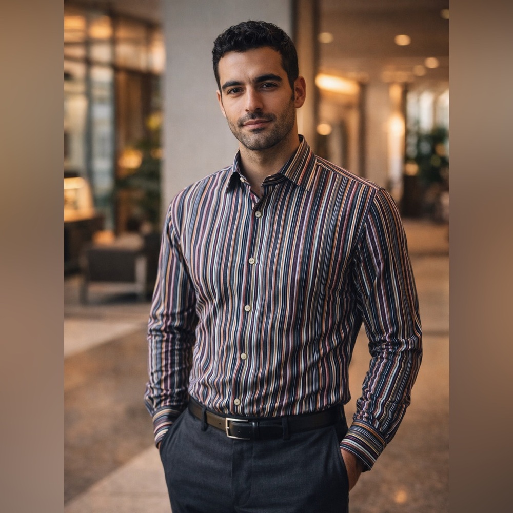 Thomas Dean Striped Dress Shirt XL Multicolor Button Front Smart Casual